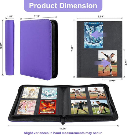 BYSTER 4 Pocket Card Binder, Premium PU Trading Card Binder with Zipper, 160 Capacity Side-Loading Binder for TCG, MTG, Sports Cards, Game Cards, Purple
