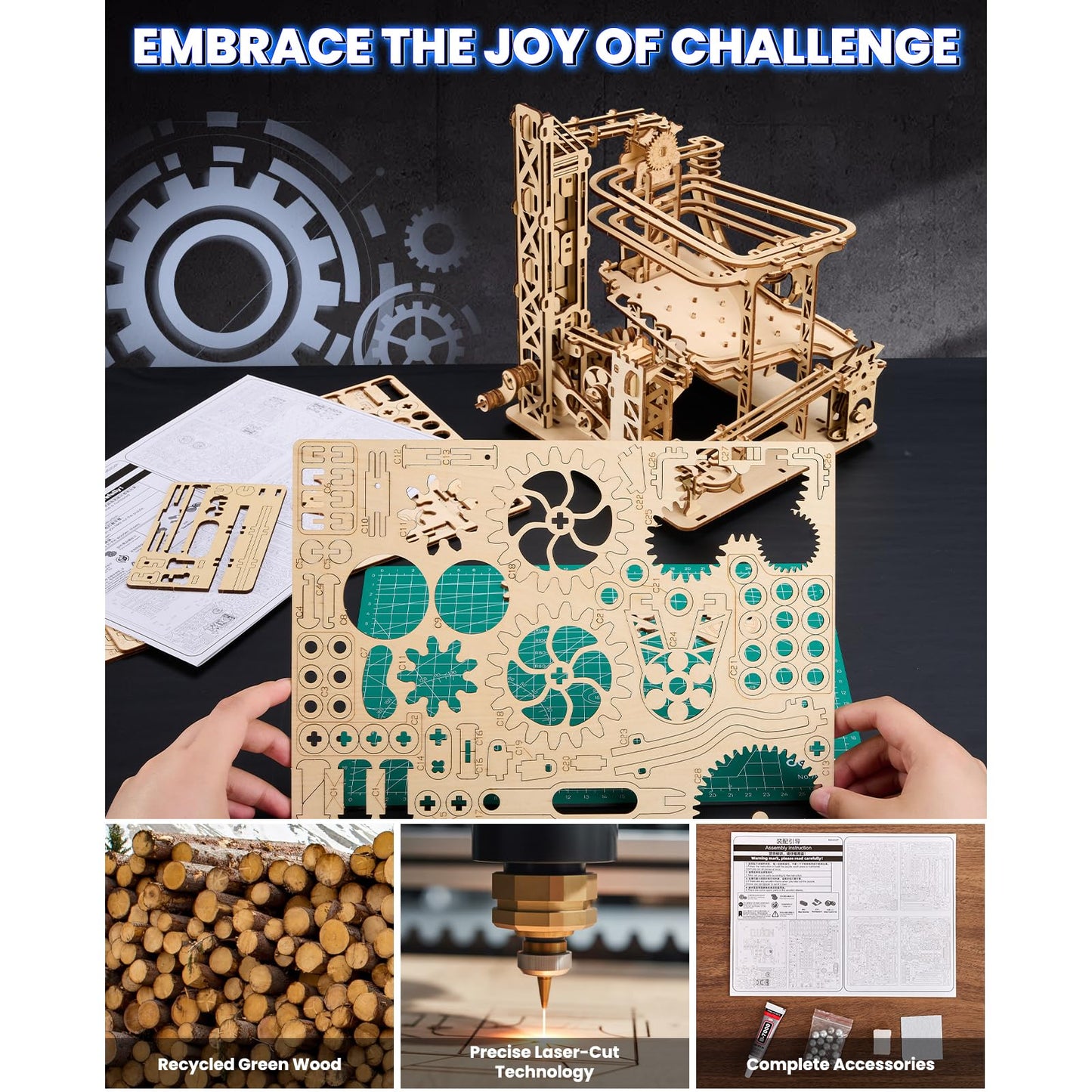 Uplike 3D Wooden Puzzles for Adults: 371pcs Wood Mechanical Marble Run Model Kits with Roller Coaster Building Set for Adults - 3D Brian Teaser Desk Toys Wooden Puzzles for Men Women Hobbies Gifts
