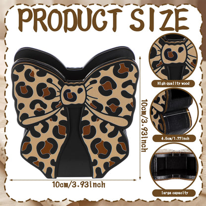 Tenceur Leopard Print Bow Holder for Desk Large Capacity Bow Wooden Pencil Holder Coquette Supplies Desk Organizer Cute Teacher Office Decor Makeup Brush Holders Back to School Gift for Girls Women