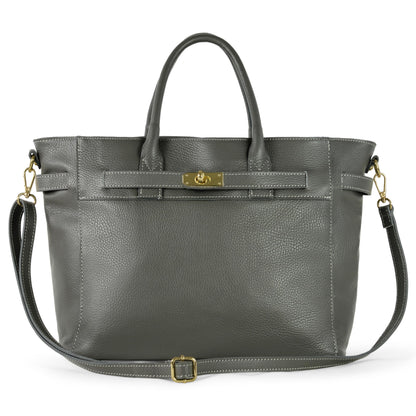 Italian Genuine Calf Leather Handbag for Women with Zipper & Adjustable Strap | Medium Top-Handle Satchel Purse (Dark Grey)
