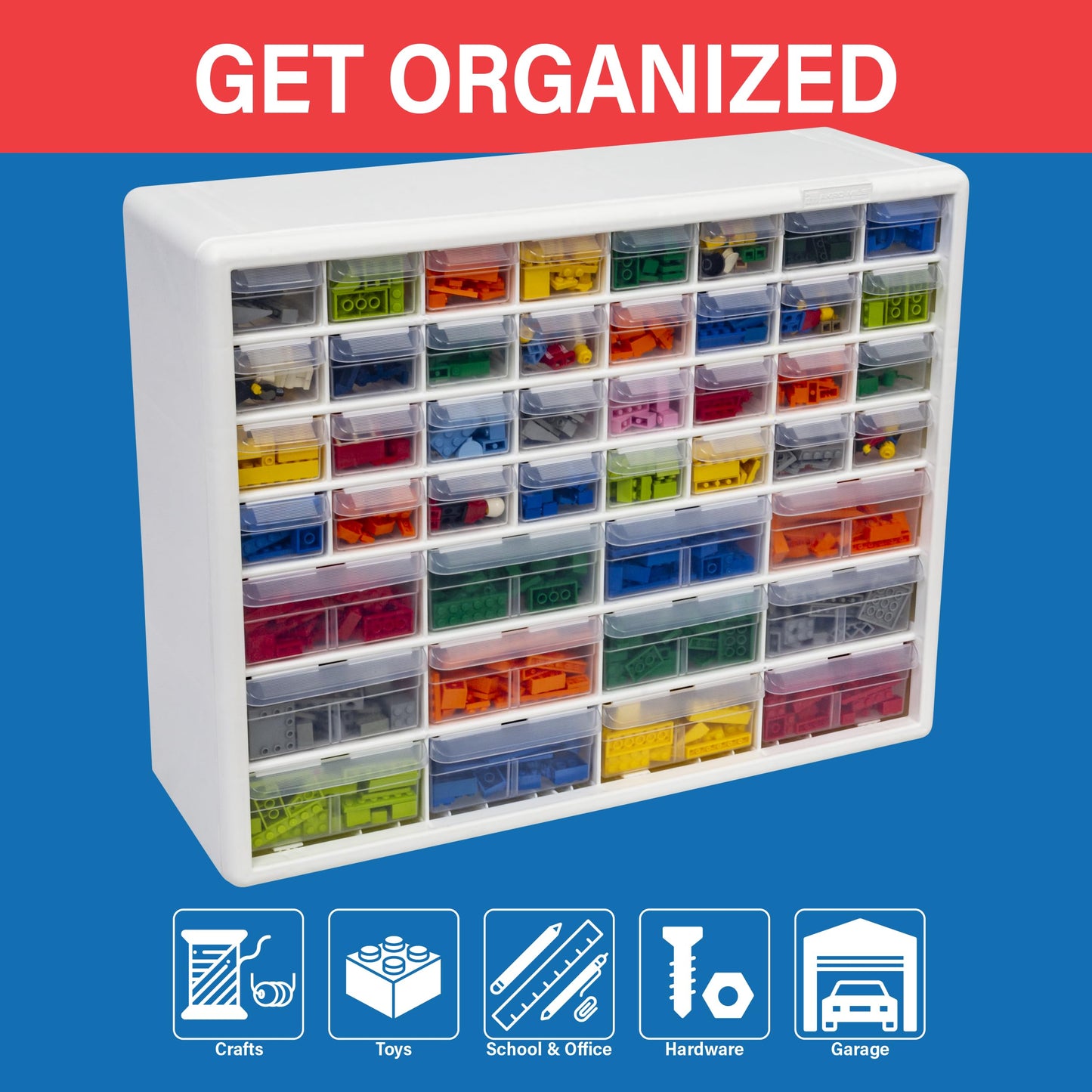 Akro-Mils 44-Drawer Plastic Drawer Storage Cabinet for Garage Organization, Bead Organizer, Building Bricks Storage, Teacher Toolbox, Makeup Organizer, 20" W x 6" D x 16" H, 10144 White