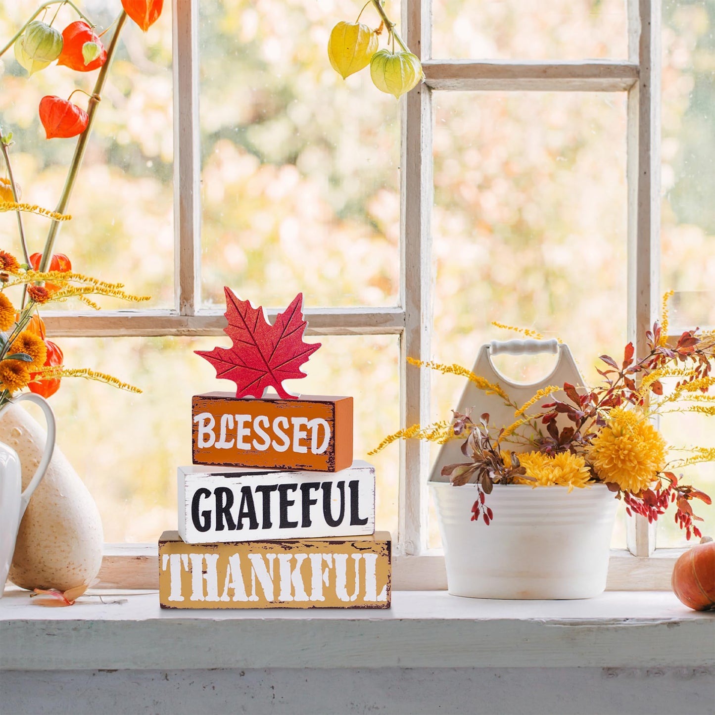 OLANRUN Thanksgiving Fall Decorations for Home, 4 PCS Wooden Fall Table Decor with Letter, Handmade Crafts Autumn Thanksgiving Decor Indoor for Office Farmhouse Home Bedroom Kitchen Mantel Tiered Tray
