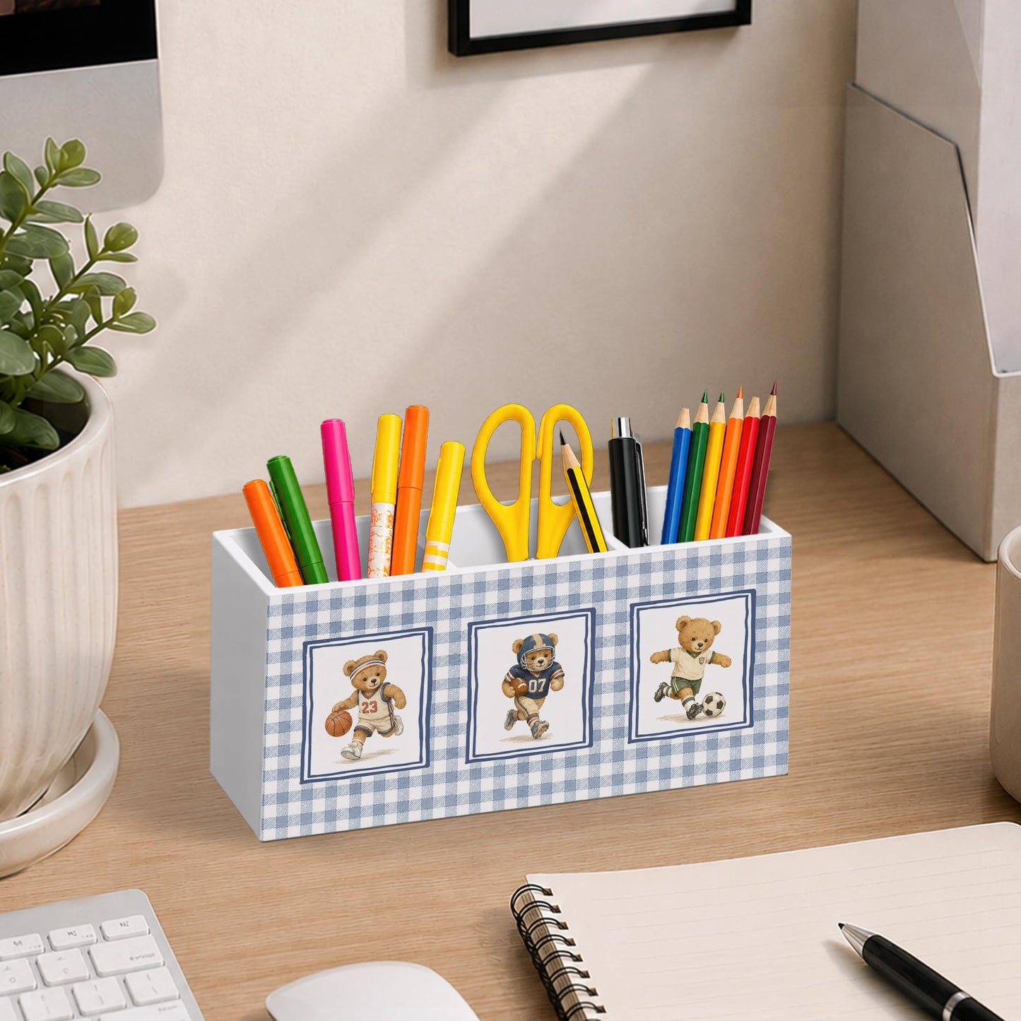 WUHSDIBC Bear Nursery Kids Pen Pencil Holder for Desk, Sports Player Bear Retro Blue Gingham Wooden Pencil Holder Organizer Desk Accessories Decor for Kids Boys Room Bedroom Playroom Desk Tabletop
