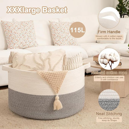 OIAHOMY 115L Extra Large Blanket Basket for Living Room, 23.6" x 15.4" Woven Cotton Rope Laundry Basket for Organizing Pillows, Decorative Stuffed Animal Toy Storage for Nursery, White and Light Grey