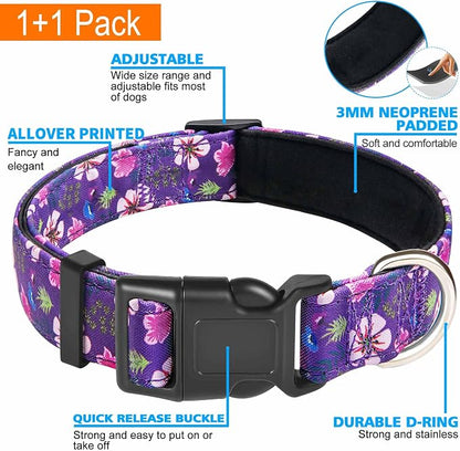 Ladoogo Reflective Dog Collar Padded with Soft Neoprene Breathable Adjustable Nylon Dog Collars for Small Medium Large Dogs (Large (Pack of 1), Purple/Pink Floral Collar+Leash)