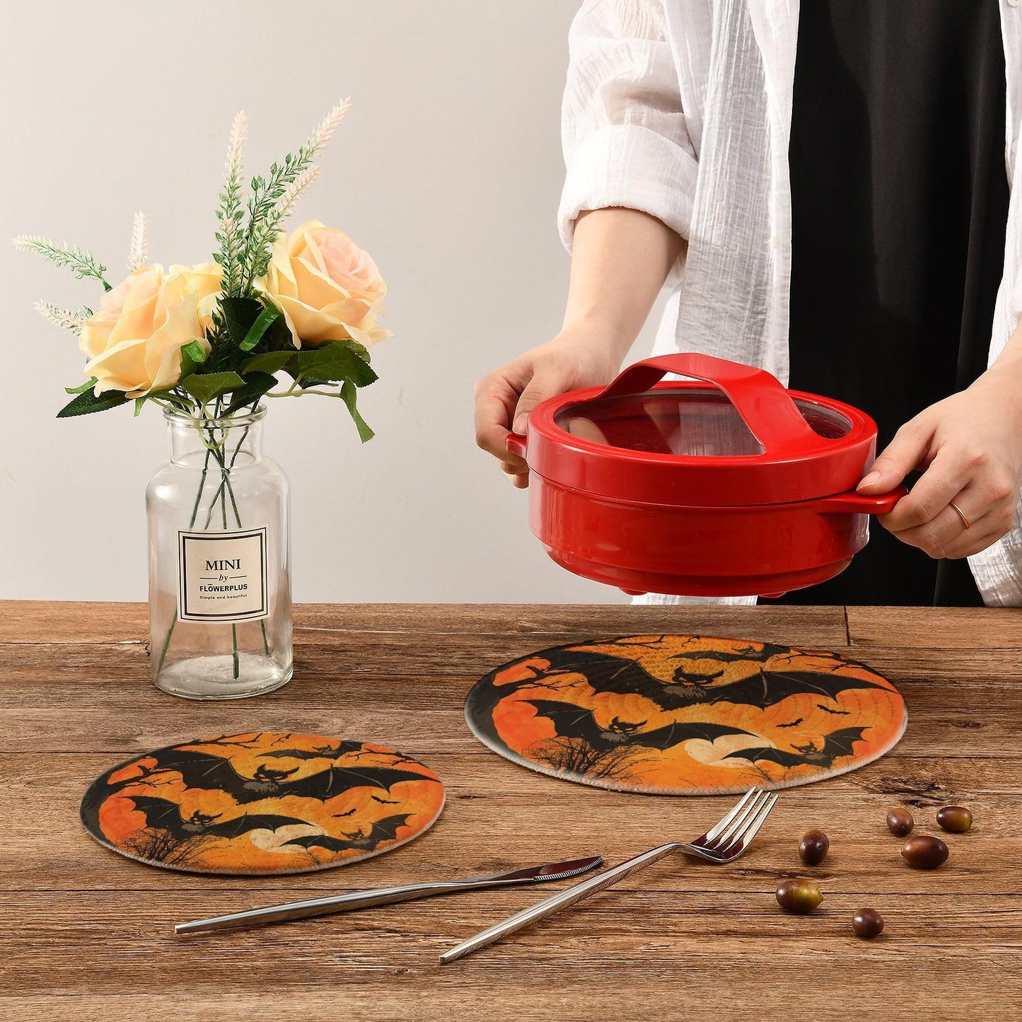 Woven Kitchen Potholders Trivets Set of 2, Halloween Bats Tree Moon Cotton Round Hot Pot Coasters Placemats for Cooking Baking Dish Pan Pot Bowl Teapot(7&9 Inches Diameter)