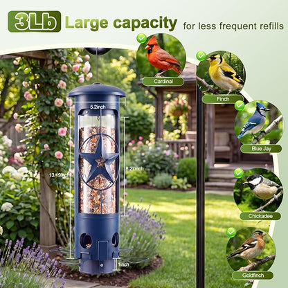 Squirrel Proof Bird Feeders for Outdoors with Weight-Activated, 3LB Large Metal Wild Bird Feeders for Cardinals,Blue Jay,Finch, Weatherproof Durable Tube Hanging Bird Feeder for Backyard,Garden,Patio