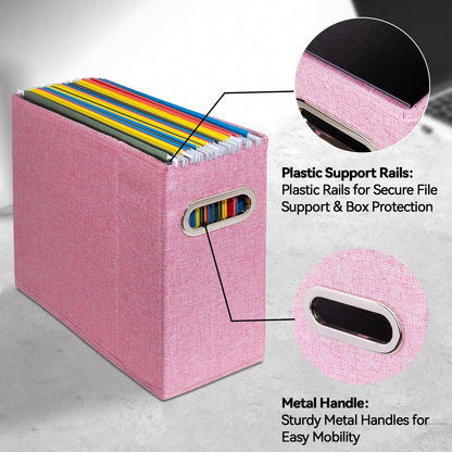 ComfortKeeper 4 Packs Letter Size File Organizer, File Folders Organizer, Fabric Storage Box, Collapsible Paper Organizer with Metal Handle, Smooth PVC Rails, Only Box (Pink)
