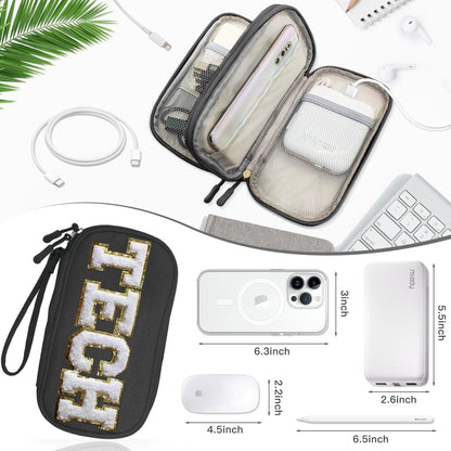 COSHAYSOO Small TECH Pouch Electronics Organizer Travel Bag Personalized Valentines Traveling Gifts for Women, Charging Cords Phone Charger USB Cable Management Airplane Cruise Essentials Black