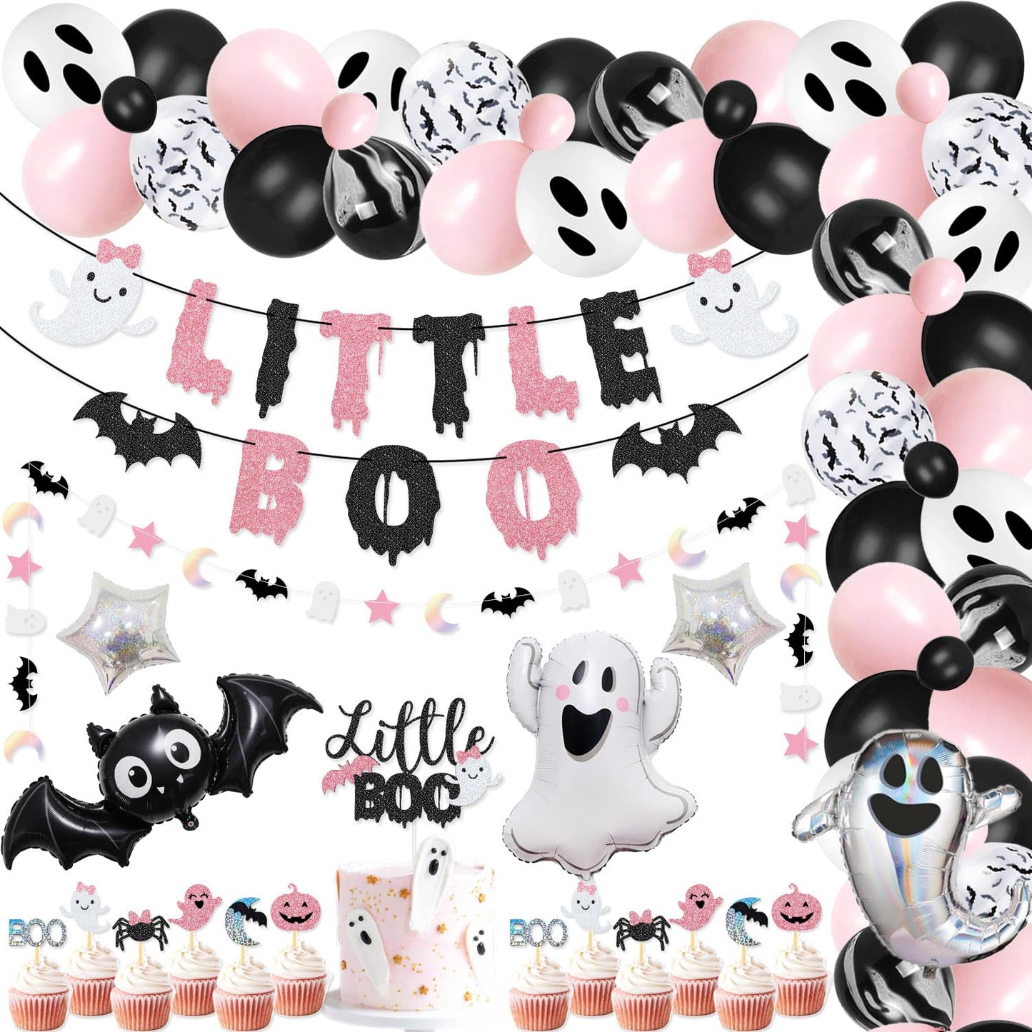 92 Pcs Little Boo Party kit Little Boo Banner Cake Topper Boo Skeleton Bat Mylar Balloons for Pink Black Girl Halloween Baby Shower the Spooky One Halloween 1st Birthday Party Decorations