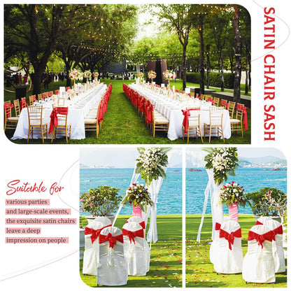 LOKUME 100 PCS Satin Chair Sashes Bows, Red Ribbon Ties Back Sash for Wedding Birthday Banquet Party Hotel Event Cover Decoration (7 x 78 Inch)