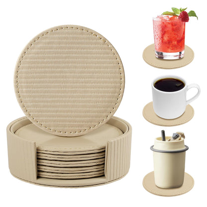 Leather Coasters Set of 6 with Holder, Tabletop Protection, Coffee Table & Bar Decoration, Modern-Style Drink Coasters Suitable for Home Dining Tables & Kitchen Accessories (Beige Stripe)