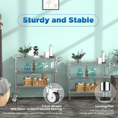 Leteuke 3 Tier Rolling Carts with Wheels, Heavy Duty Rolling Utility Cart,NSF Commercial Grade Metal Cart with Handle&Shelf Liner,Trolley Serving Cart for Kitchen,Restaurant,Plant Display,Chrome