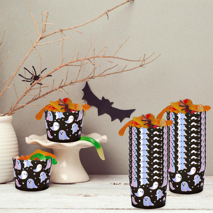 JarThenaAMCS 100Pcs Halloween Paper Baking Cups Holographic Ghost Star Cupcake Wrappers Iridescent Scalloped Edge Cupcake Muffin Cases for Halloween Little Boo Party Supplies