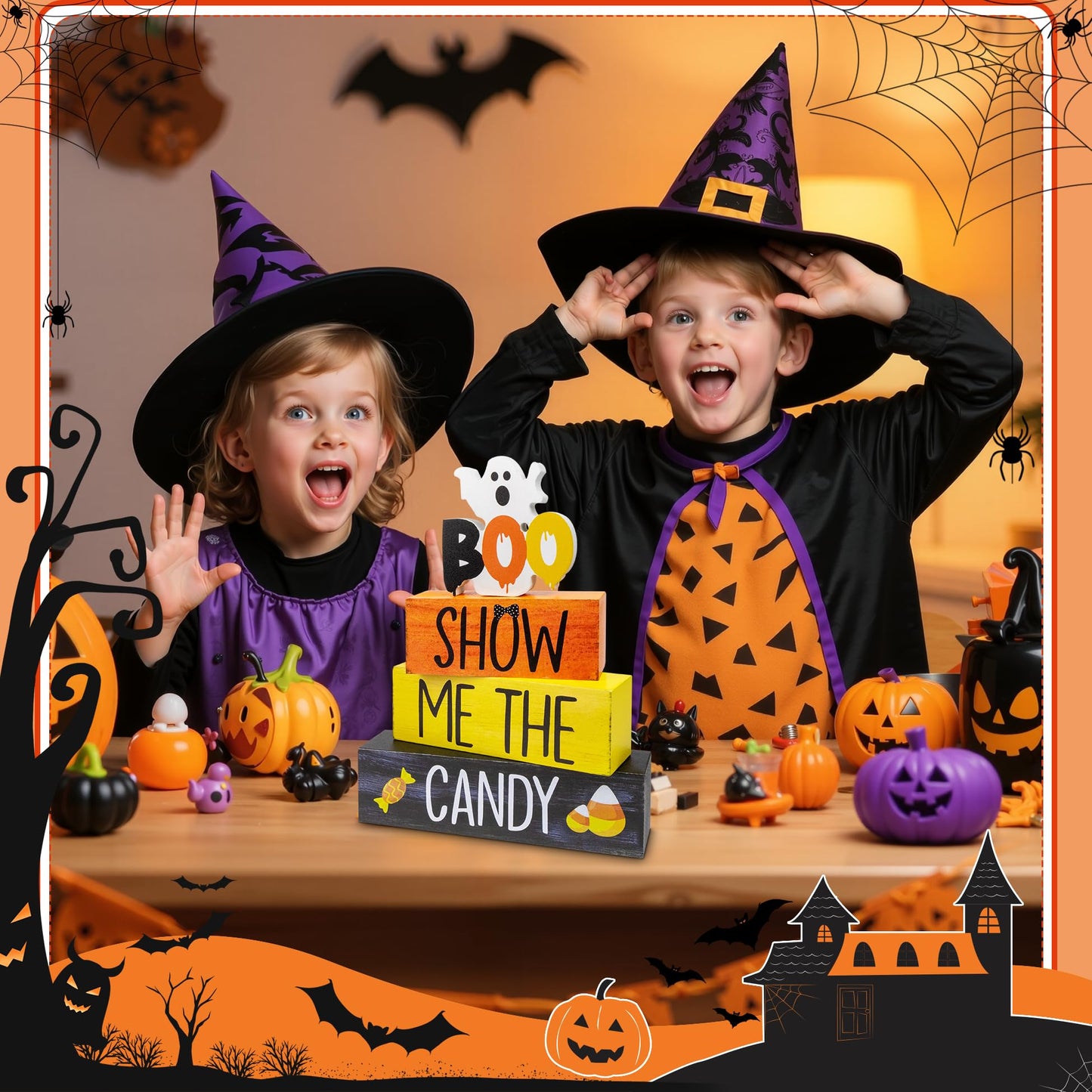 4 Pcs Halloween Wooden Tiered Tray Decor, Show Me the Candy Decorations Gifts for Home, Halloween Table Centerpiece for Fall Party Kitchen