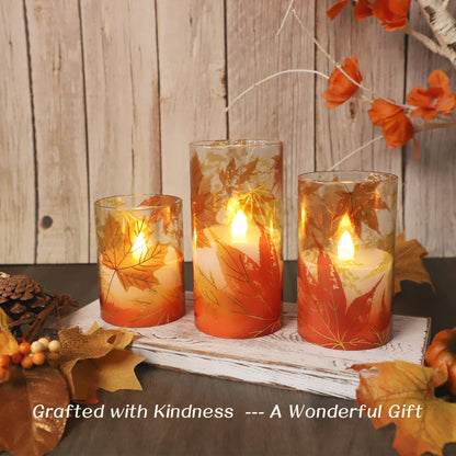 Crystal Club Fall Flameless Candles, Autumn Maple Leaves LED Flickering Candles with Remote and Timer, Battery Operated Glass Effect Pillar Candles for Fall Home Thanksgiving Home Décor