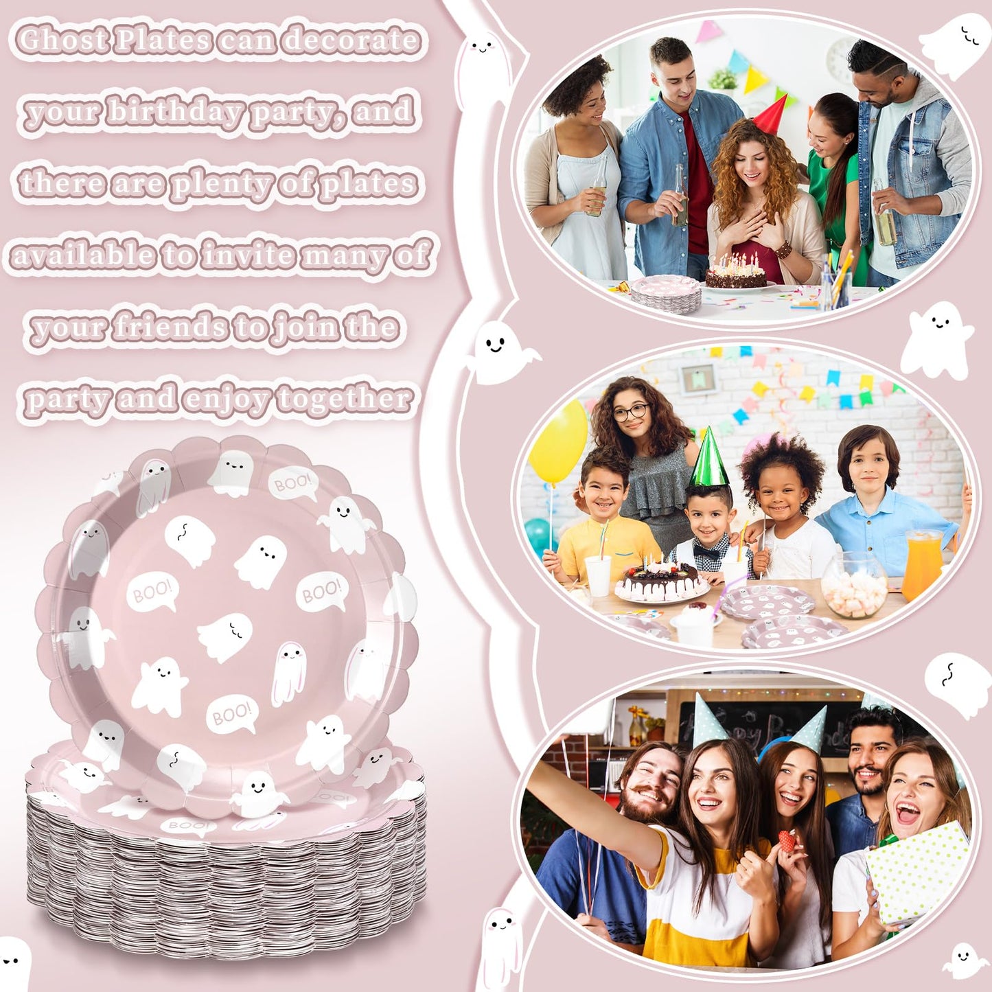 Havawish 100 Pcs Christmas Paper Plates Pink Ghost Boo Disposable Plates 9 Inch Cute Cartoon Ghost Tableware decorations for Christmas Happy Boo's Day Birthday Baby Shower Party Supplies