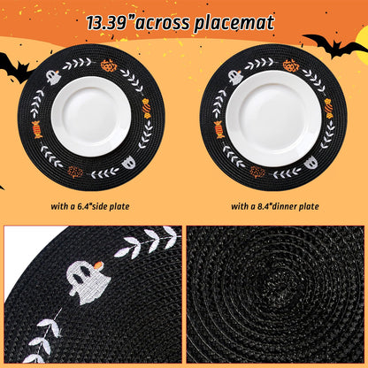 Whaline 4 Pcs Round Halloween Placemats Embroidered Place Mats Spooky Ghost Pumpkin Candy Dinner Table Mats for Home Halloween Trick or Treat Party Table Decor