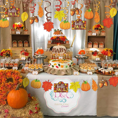 36CT Autumn Hello Fall Party Hanging DecorationsFoil Swirls Pumpkins Maple Leaves Acorns Harvest Thanksgiving Photo Props Ideas Ceiling Door Whirls Streamers Supplies