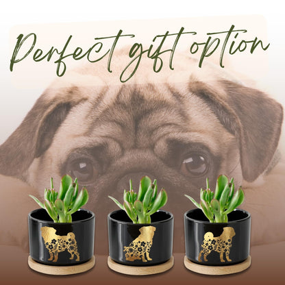 InnoBeta Pug Gifts Succulent Plant Pots 3pcs, Gifts for Pug Lovers, Planter Pot with Bamboo Tray, Plants NOT Included, Cute Ceramic Pots for Birthday, Christmas