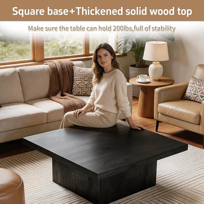 Square Coffee Table,Wooden Living Room Table,Center Table with a Large Tabletop,35.4" x 35.4",for Small Spaces, Apartments, Living Rooms, Black