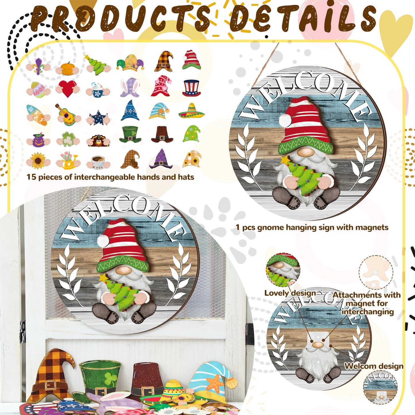 Qunclay Antique Interchangeable Wooden Gnome Decor Holiday Seasonal Gnome Decorations with Magnet Pieces and Detachable Hats Changeable Welcome Sign for Home