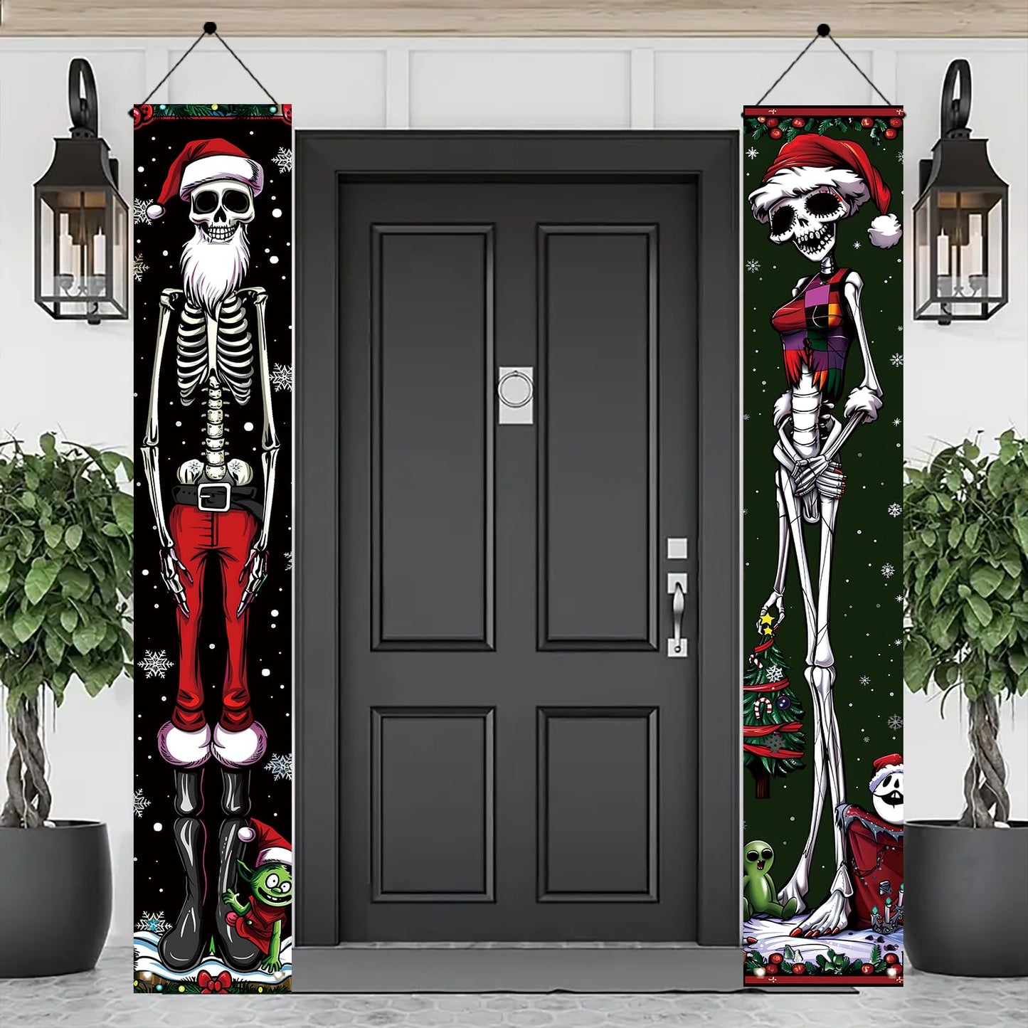 Saoplasa 2PCS Christmas Skeleton Porch Banner Decorations 71 x 12 Inch Holiday Skeleton Couple Front Door Hanging Sign Santa Hat Red Green Outfit Outdoor Wall Decor for Winter Party Yard Entrance