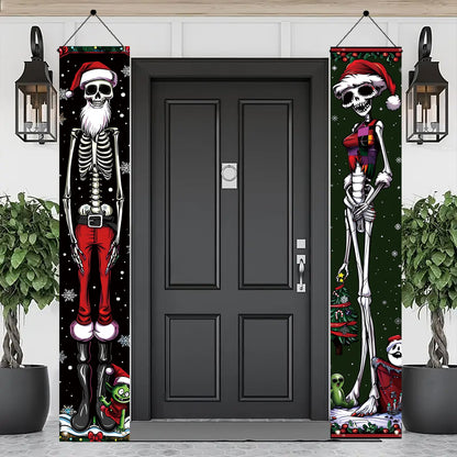 Saoplasa 2PCS Christmas Skeleton Porch Banner Decorations 71 x 12 Inch Holiday Skeleton Couple Front Door Hanging Sign Santa Hat Red Green Outfit Outdoor Wall Decor for Winter Party Yard Entrance