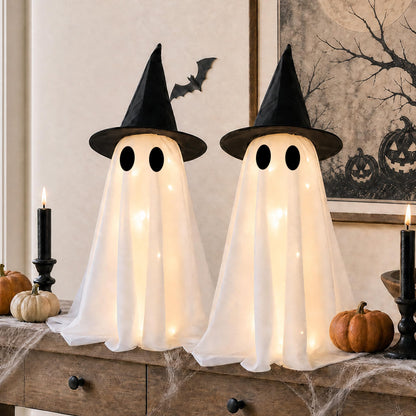 Halloween Decorations-Set of 2 Light-Up Ghosts with Witch Hats, Ghost Table Centerpiece-Spooky Tabletop Decor for Mantel Dining Table Party Indoor Home Decor