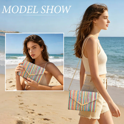 KKXIU Women Straw Envelope Clutch - Woven Handbags for Wedding Party Beach Summer, Purses for Women with Detachable Chain Shoulder Strap