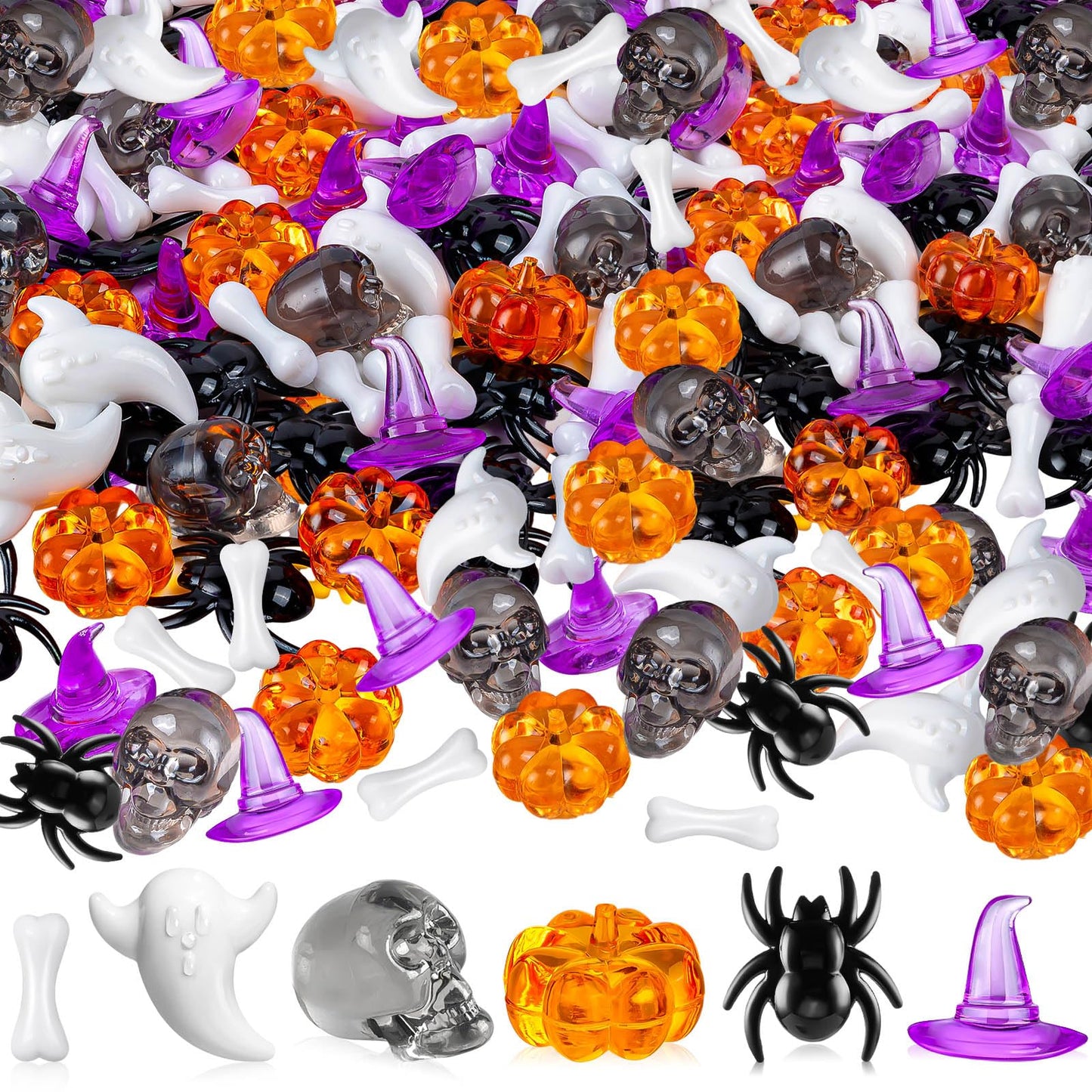 ZHWKMYP 220 Pcs Halloween Vase Filler, Mini Acrylic Pumpkin Ghost Skull Spider Witch Hats Gems for Centerpieces Table Decorations, Halloween Sensory Bin Filler Decor for DIY Crafts