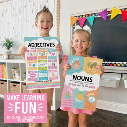 Parts of Speech Posters for Classroom Must Haves - 12 Grammar Posters, Writing Process for Homeschool, Elementary & Middle School, ELA 3rd 4th & 5th Grade Teacher Must Haves, Pastel Classroom Decor
