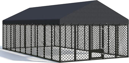 10x20×6.4 FT Heavy Duty Dog Kennel Outdoor with Secure Double Locks and Waterproof & UV Resistant Roof Cover,All Weather Resistant Anti-Rust Metal Enclosure for Large Dogs