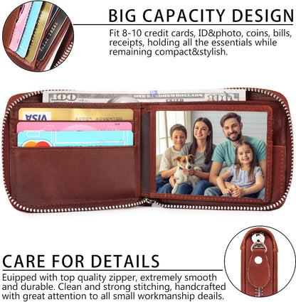 CALFART Slim Zipper Wallets For Men RFID Leather Mens Bifold Creidt Card Holder Zip Around Wallet With Coin Pocket