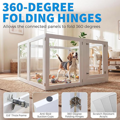 Heavy Duty Clear Acrylic Dog Playpen for Small/Medium Pets – 32" High Clear Pet Pen with Sturdy Metal Frame (White, 2 Extended Panels)
