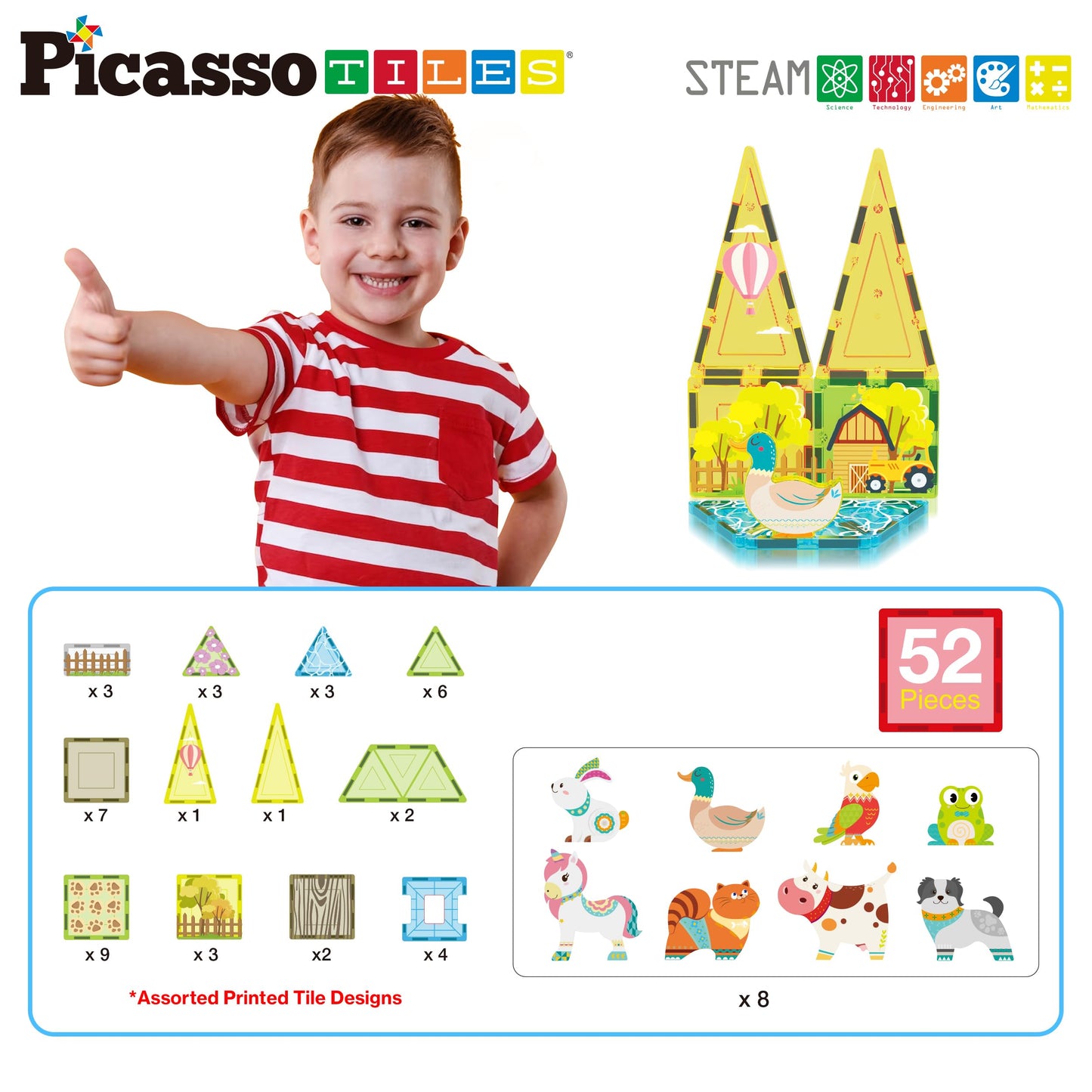 PicassoTiles Magnetic Tile Farm Animal Building Playset with 8 Character Figures STEM Construction Toy for Kids Age 3 Plus Educational Pretend Play Learning Blocks Farmyard Creative Activity Kit PTQ17