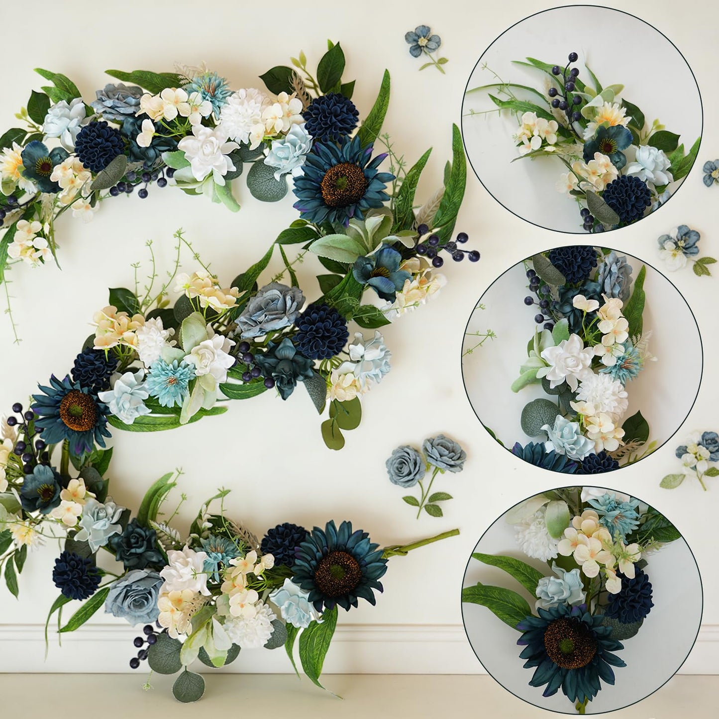 Idyllic 6 Ft Blue Rose Vine Garland - Artificial Spring Floral Garland for Wall Decor, Window, Mantle, Wedding, Home Decor - Faux Long Hanging Vine with Leaves