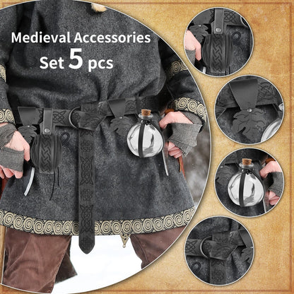 JBKN Women Renaissance Accessories Medieval Viking Belt Potion Bottles Belt Bag Leather Skirt Hikes for Halloween Festival Cospl