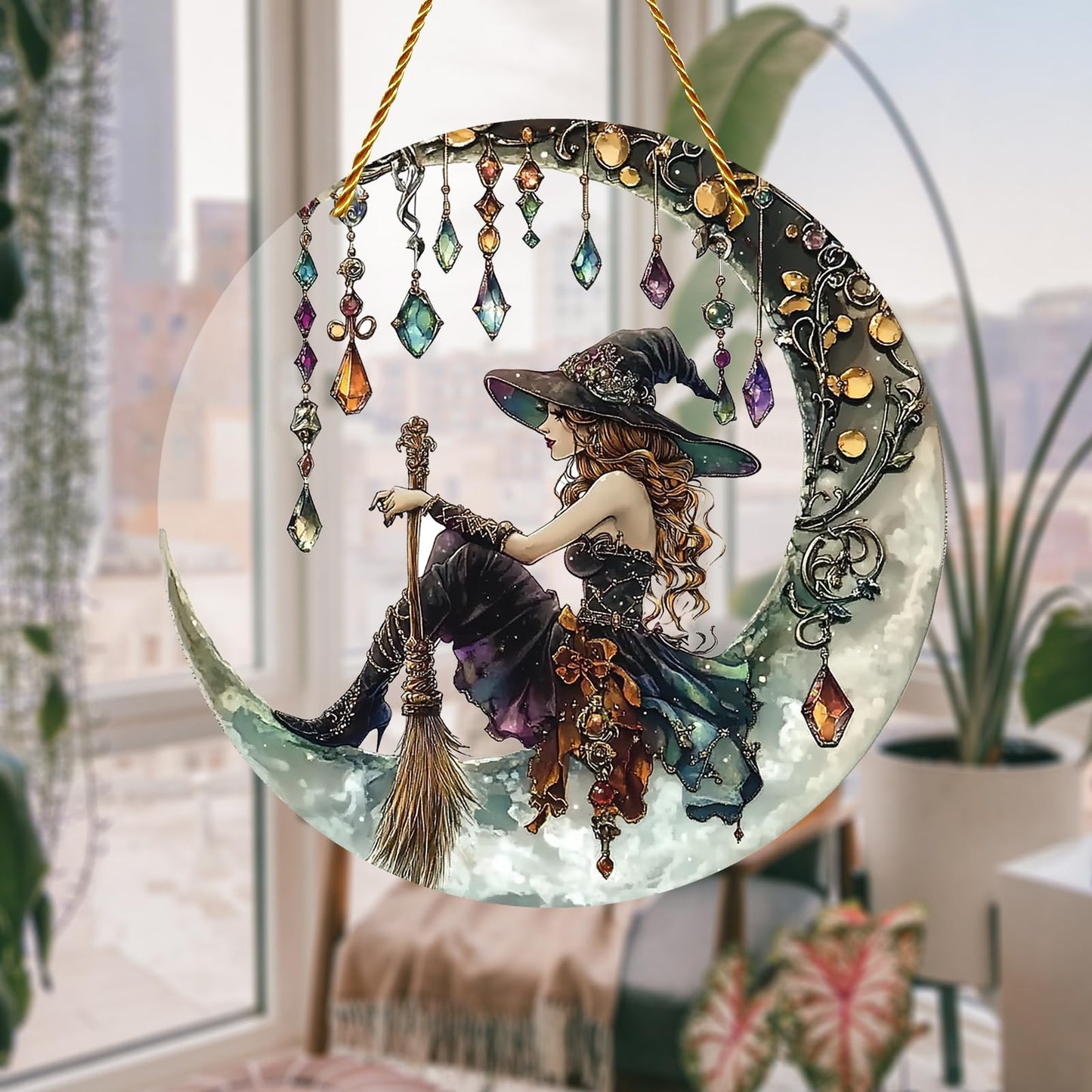 8x8 inch Charming Moonlight Witch Acrylic Stained Glass Window Hanging Sun Catcher Decor Stained Panel Hangings Wall Art Decor, for Friends and Family (Moonlight Witch)