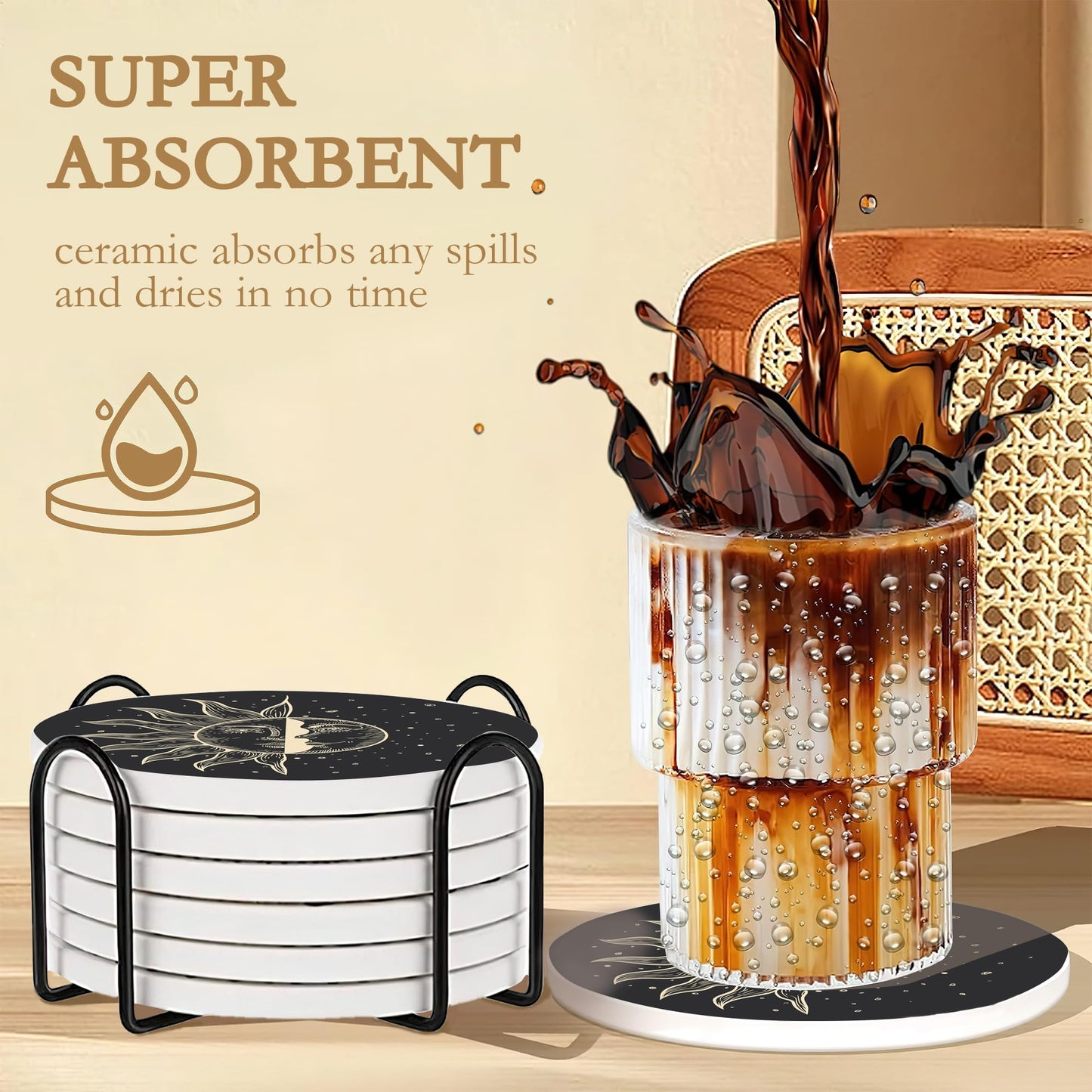 6-Pack Moon Phase Coasters Set with Holder - Absorbent Ceramic Drink Pads, Non-Slip Table Protectors for Coffee & Glasses