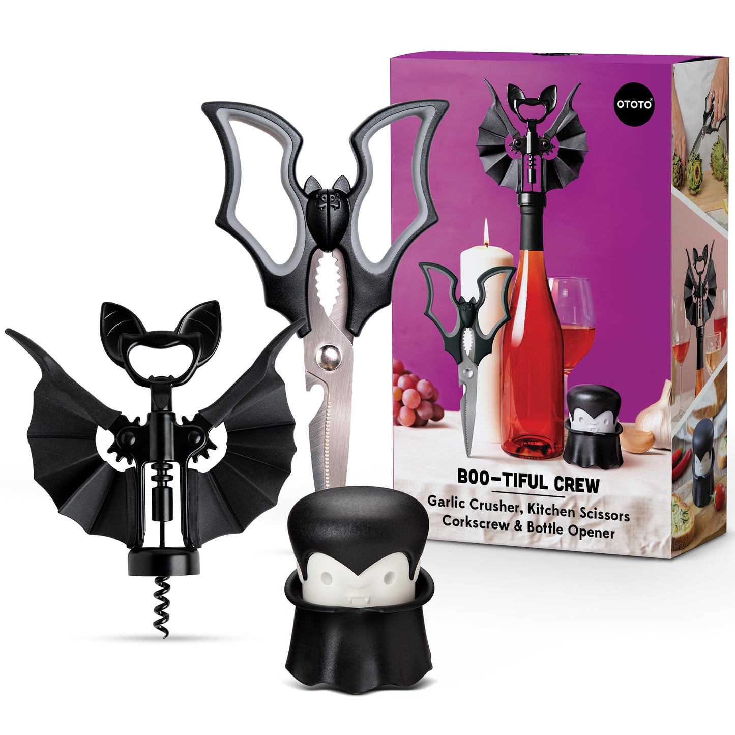 OTOTO Boo-tiful Crew Bundle of Elizabat, Vino, Gracula - Halloween Kitchen Decor Goth Accessories, Cool Kitchen Gadgets, Bat Scissors, Spooky, Witchy Bottle Opener, Garlic Crusher, Spooky Funny Gifts
