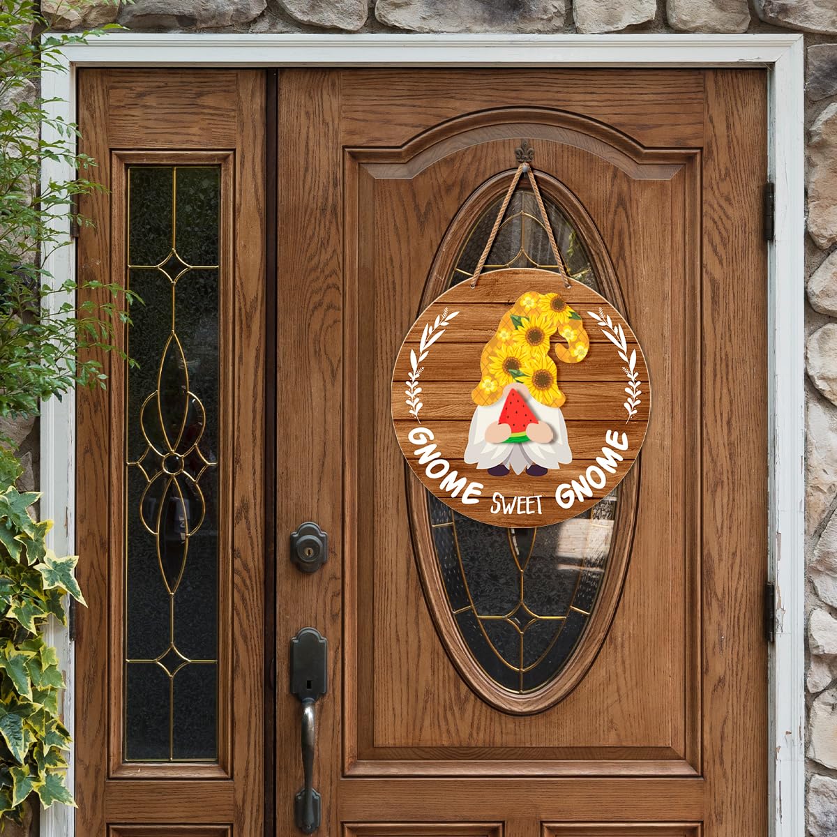 Interchangeable Gnome Welcome Sign Summer Patriotic 4th of July Door Decoration, Changeable Seasonal Front Porch Decor Wood Wreath Gnome Gifts for Spring Fall Winter All Seasons Holiday, Light Brown
