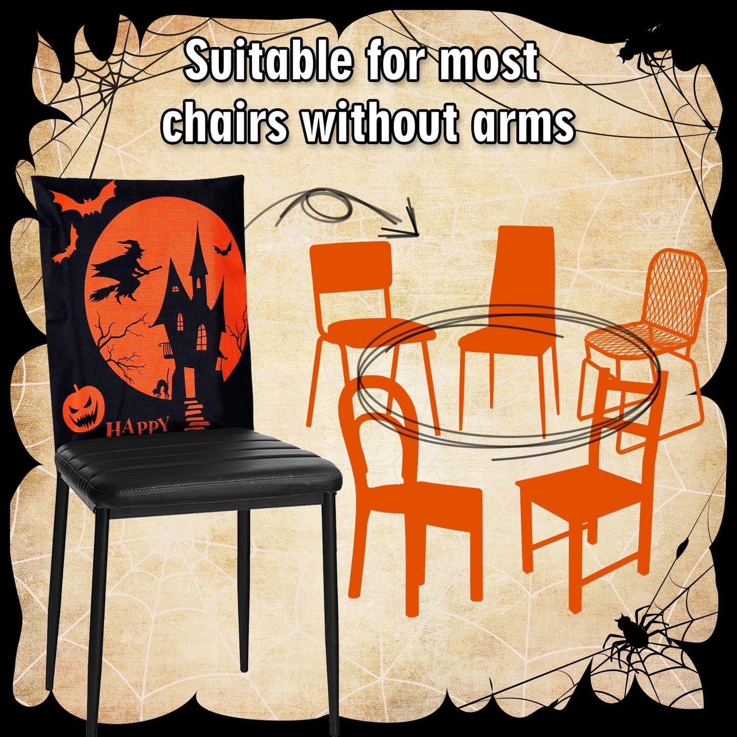 Whaline 4 Pack Happy Halloween Chair Covers Spooky Chair Back Covers Halloween Ghost Witch Bat Dining Room Seat Covers Orange Black Chair Slipcovers for Home Dining Room Kitchen Halloween Party