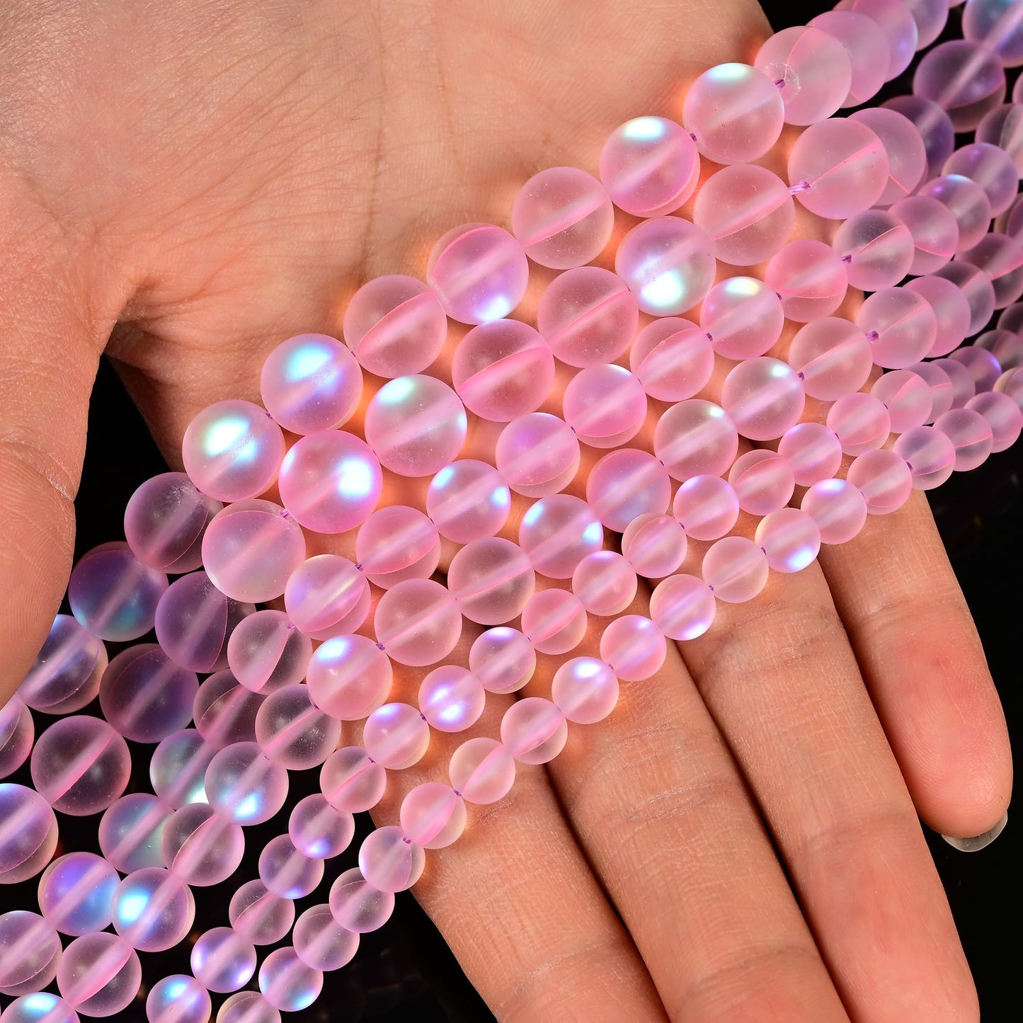 6mm Matte Pink Mermaid Aurora Crystal Glass Bead, Glitter Round Synthetic Moonstone Beads for Jewelry Making Bracelets