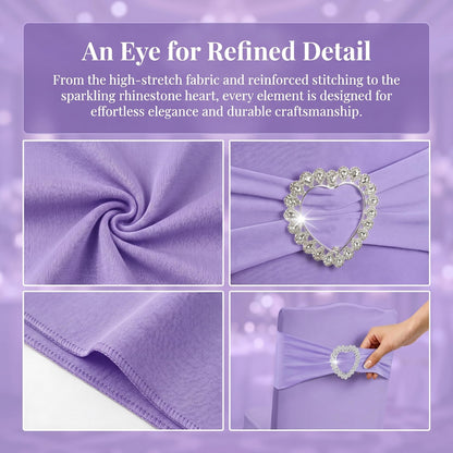 Arkrmce 150 Pieces Chair Sashes & Bows - Stretch Spandex Chair Cover Band with Buckle for Wedding, Hotel Banquet, Birthday Party & Home Bulk Decorations (Purple)