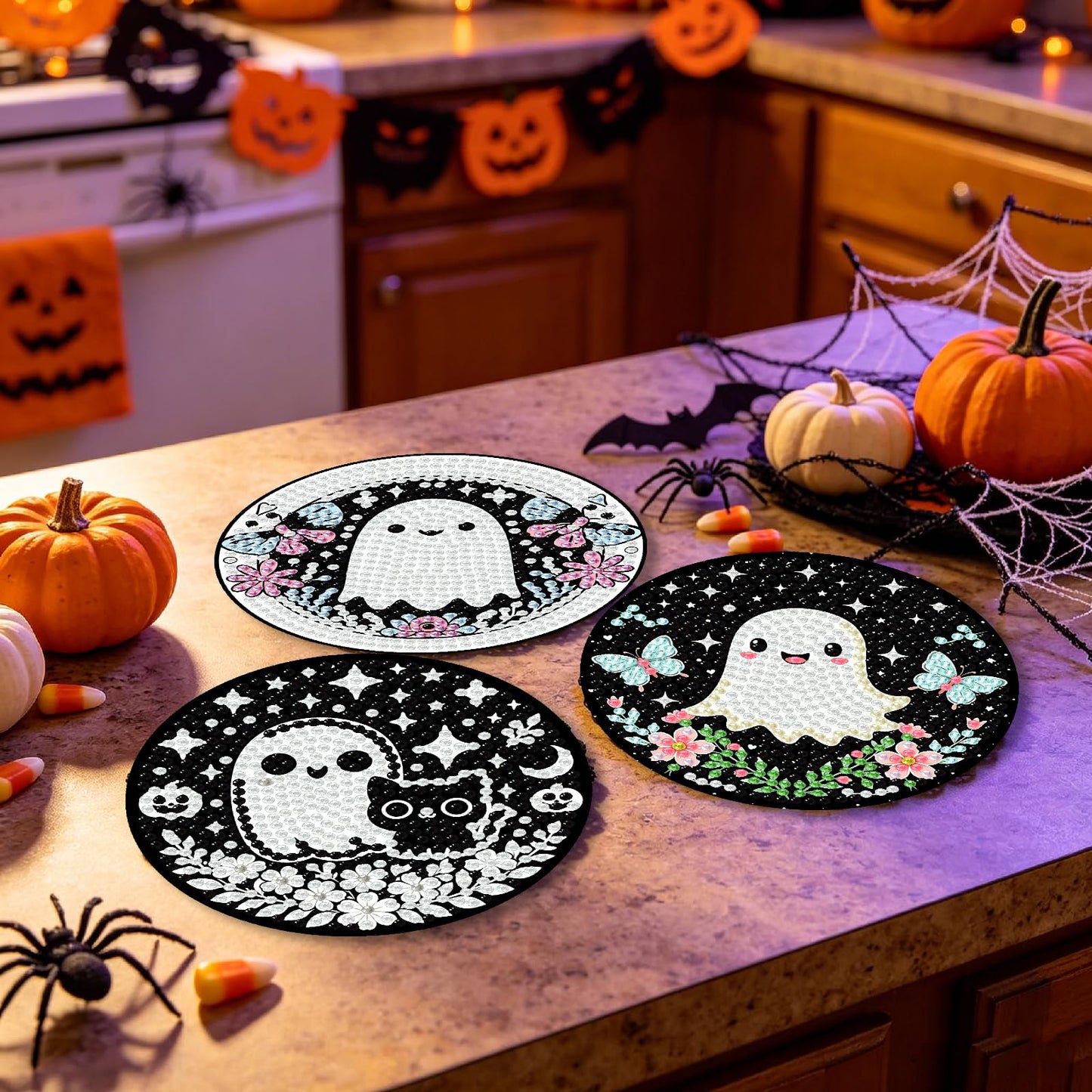KYOQFVN 8 PCS Halloween Diamond Art Coasters, Ghost Diamond Painting Coasters with Holder Cork Pad, Diamond Dots Art Painting Coasters Crafts Kit for Home Wall Decor (Ghost Theme)