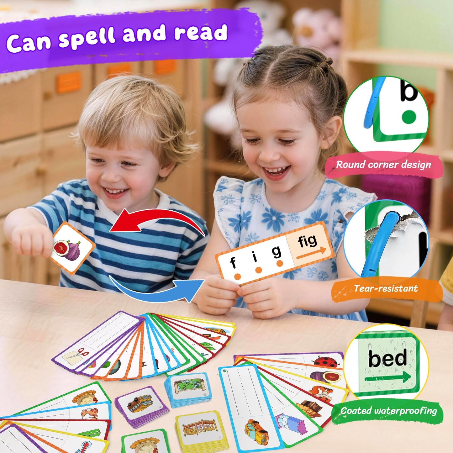 LilLaufy Phonics Games Flash Cards for Kids, CVC Word Games, Educational Speech Therapy Toys for Toddlers, Learn to Read & Spell, Preschool Kindergarten Learning Activities, Homeschool Essentials