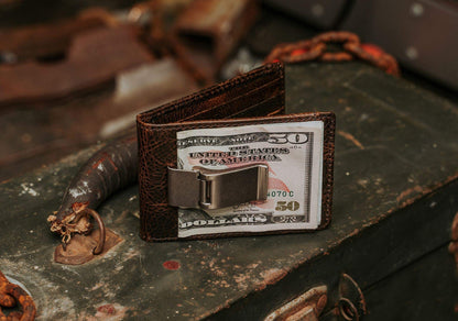House of Jack Co. Deacon Bifold Money Clip Wallet for Men – Slim Front Pocket Leather Wallet with Metal Cash Clip, Exterior ID Window & Card Holder, Full-Grain Cowhide, Brown