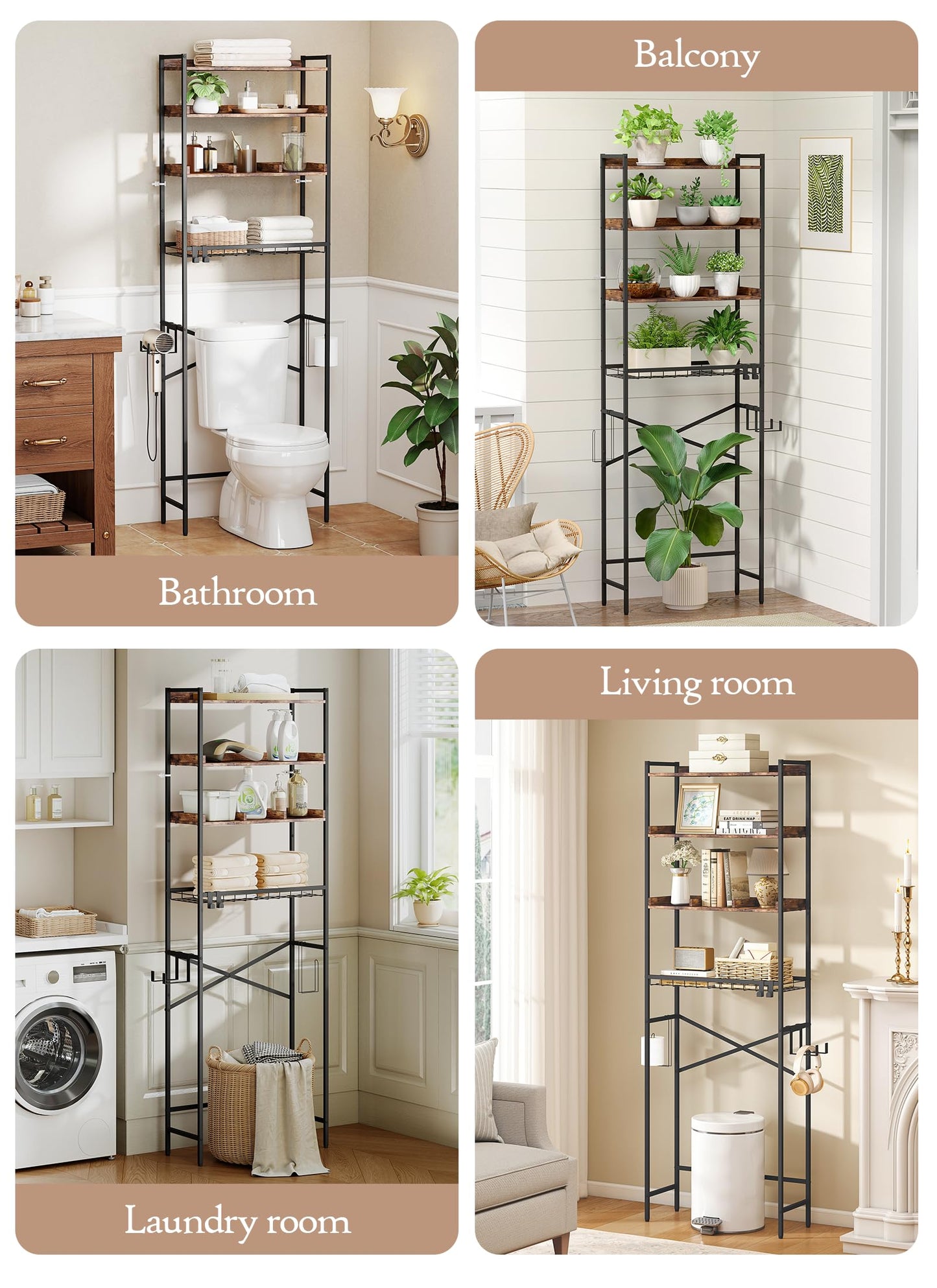 Quikraen 4 Tier Over The Toilet Storage Shelf with 3 Adjustable Shelves, Space Saver Bathroom Organizer with 4 Hooks, Freestanding Above Toilet Rack for Restroom Laundry (Brown)