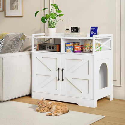 OtterOasis Cat Litter Box Enclosure, Ultra-Large Hidden Litter Box Furniture with Top Opening, Anti-Tipping Fence and 2 Open Drawers, Litter Box Cabinet End Table, White
